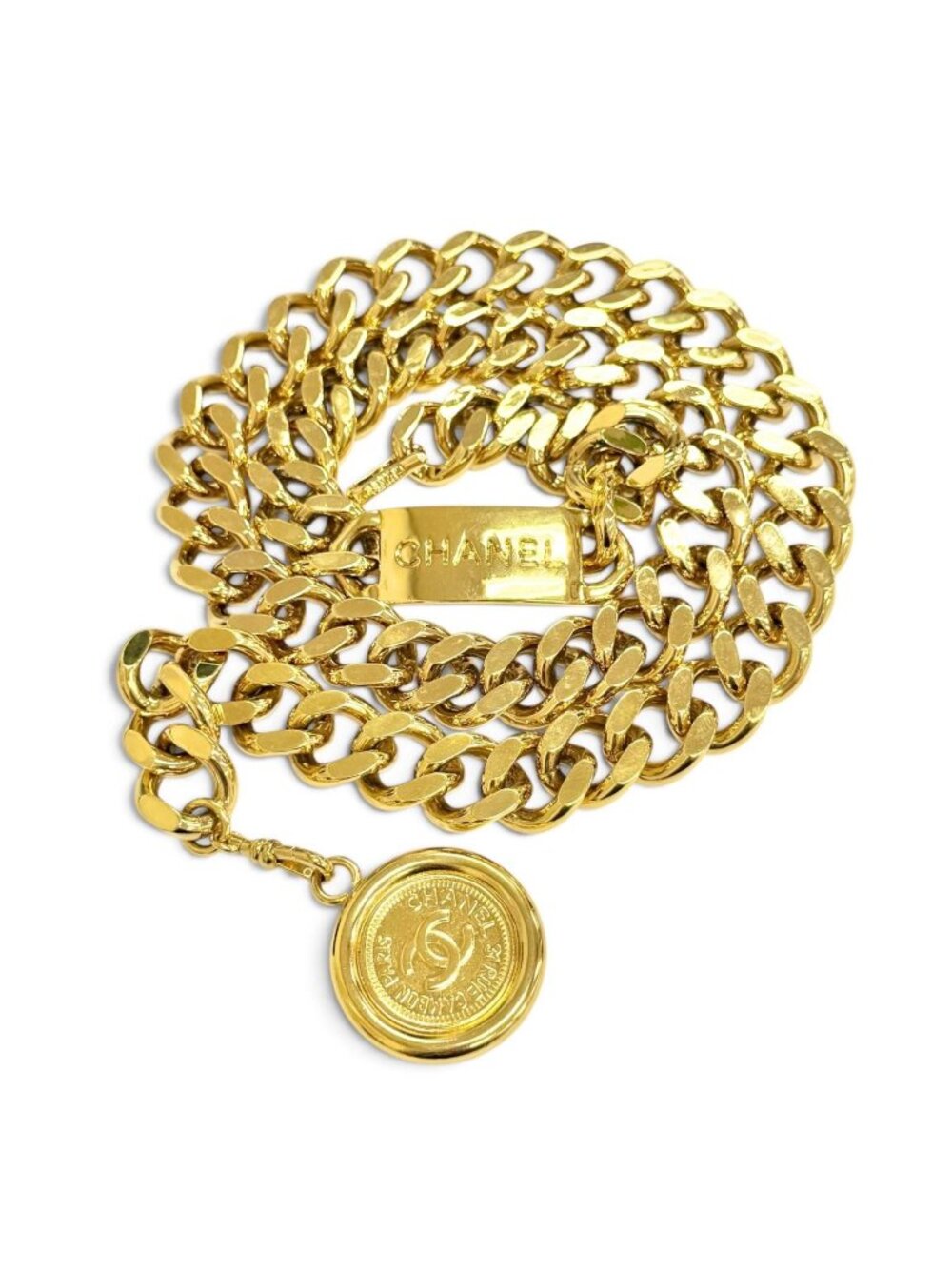 Chanel Vintage CC Logo Coin Motif Plate Chain Belt Gold